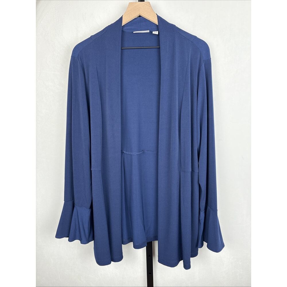 Susan Graver Liquid Knit Open Front Cardigan Women's 1X Navy Blue Ruffle Sleeve